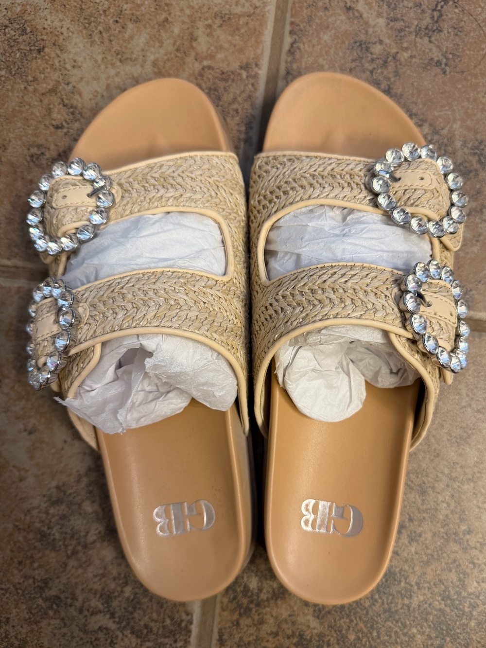 Braided Beige Slide Mules with Crystal Buckle Accents